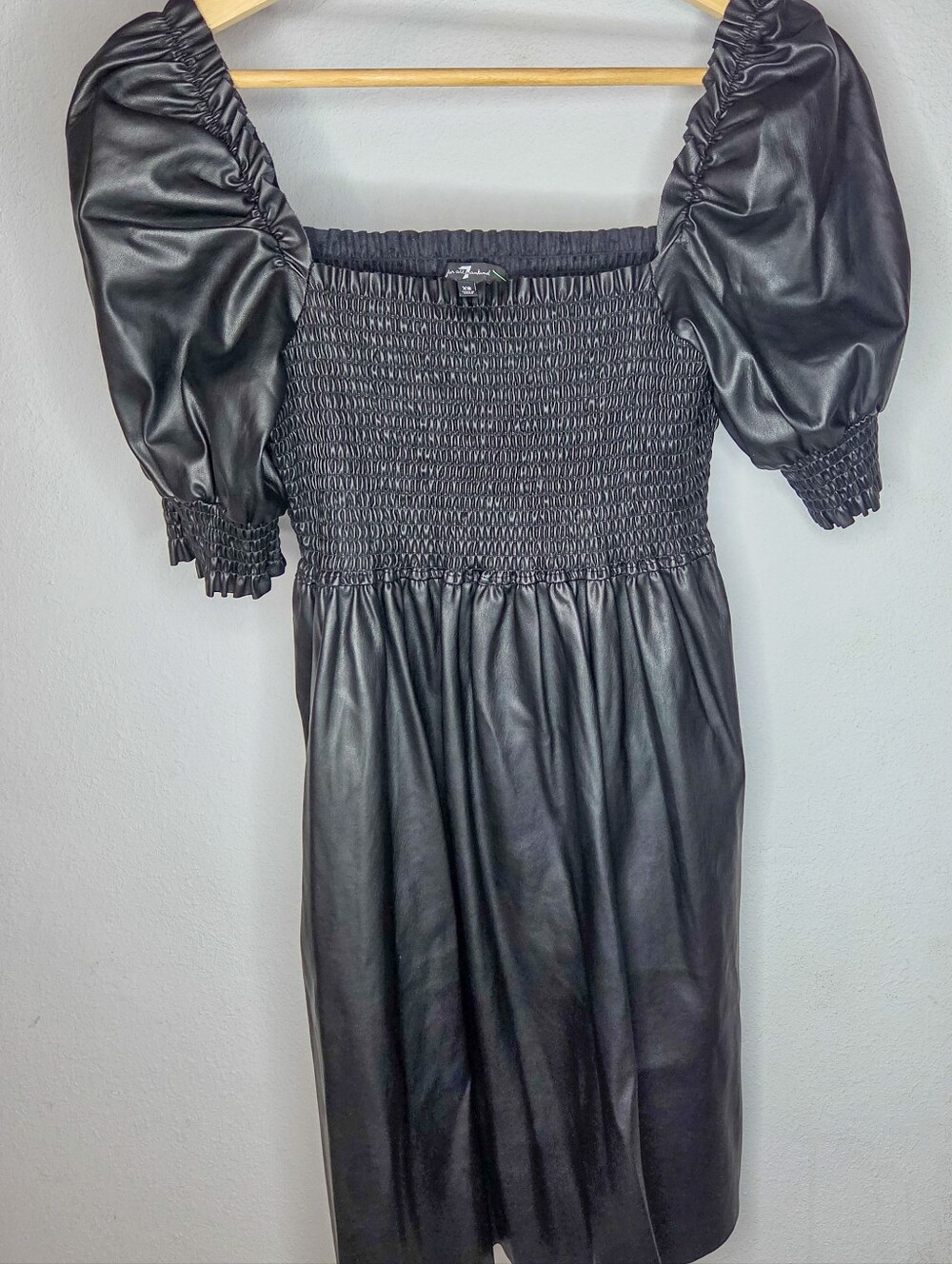 7 For All Mankind Black Faux Leather Smocked Puff Sleeve Mini Dress Size XS
